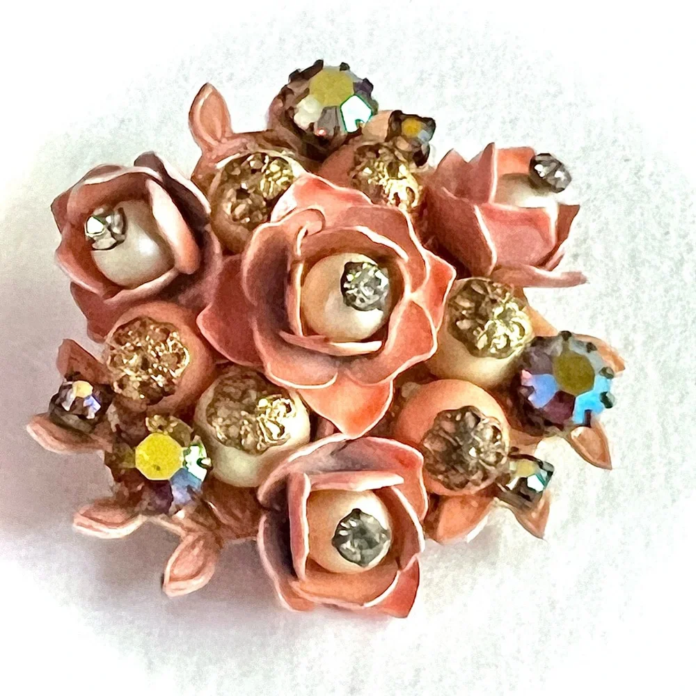 Romantic Vintage Flower Brooch Enamel Beaded Peach Pink Sparkle Rhinestone